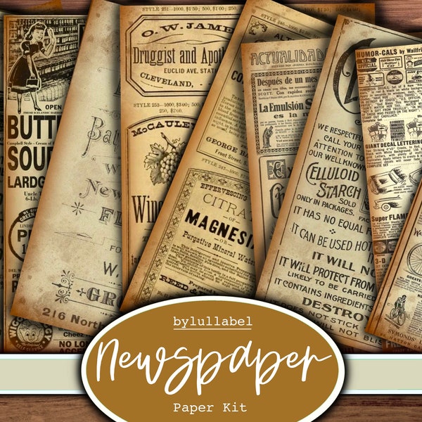 Vintage newspapers  backing papers  kit, ephemera printable kit, uk. Paper, pockets, labels, tags, scrap paper pages, embellishments, gift