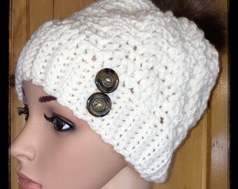 Crochet White Hat with Faux Fur Pom Pom