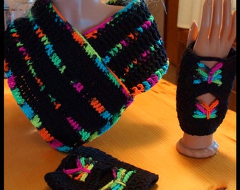 Neck Warmer/ Cowl in Black and Neon with Matching hand warmers/ Fingerless Gloves