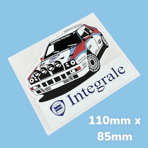 May include: A white, red, and blue  Lancia Delta Integrale rally car sticker with Martini Racing branding. The sticker is 110mm x 85mm.