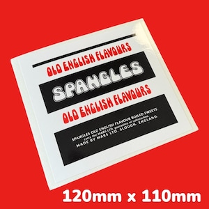 May include: A white sticker with the text "OLD ENGLISH FLAVOURS" in red, and "SPANGLES" in white on a black background. The sticker measures 120mm x 110mm. The background is red. The text also includes "SPANGLES OLD ENGLISH FLAVOUR BOILED SWEETS".