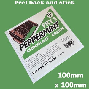 May include: A vintage Fry's Peppermint Cream Chocolate label, featuring a chocolate bar graphic with green filling. The label is white with green text and a guarantee statement. Dimensions are 100mm x 100mm.