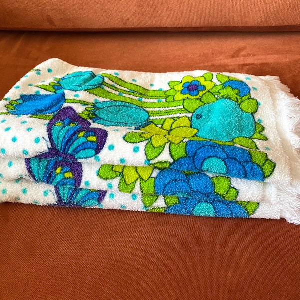 Set of Three Butterfly & Tulip MCM Sayco Hand Towels. Bright and Vibrant Colors Blue, Turquoise, Green, Purple