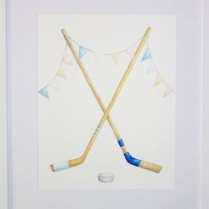 Hockey Nursery Painting, Vintage Baby Boy Decor, UNFRAMED Child&#39;s Watercolor Art, Handmade, Personalized Print with Name, Baby Shower Gift