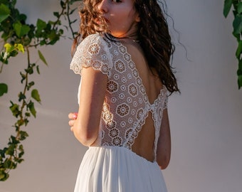 Bohemian lace wedding dress, simple short sleeve gown with unique open back, V neck, whimsical chiffon skirt for rustic minimalistic wedding