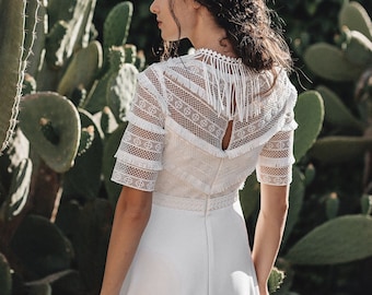 Bohemian whimsical wedding dress, closed back, boat neck, original unique macrame gown, modest and simple for elopement wedding