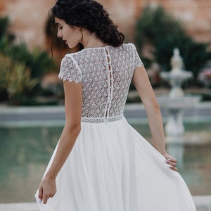 Modest and simple lace wedding dress boat neckline, macrame closed buttoned back bridal chiffon gown, for whimsical boho or rustic wedding