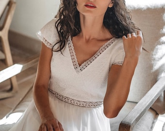 Simple bohemian bridal dress, unique open back, modest V neckline, short sleeves, rustic lace wedding dress for elopement wedding