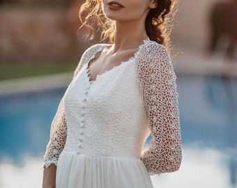 Luxury bohemian wedding dress, unique open back, 3/4 sleeves, V neckline, modest and simple bridal gown for minimalist wedding