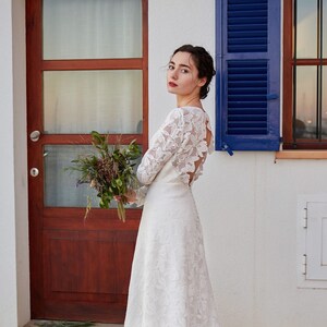 Bohemian minimalistic wedding dress, open back gown, long sleeve, boat neckline bridal dress, modest, simple macrame, rustic elopement gown image 2