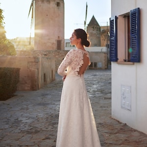 Bohemian minimalistic wedding dress, open back gown, long sleeve, boat neckline bridal dress, modest, simple macrame, rustic elopement gown image 1