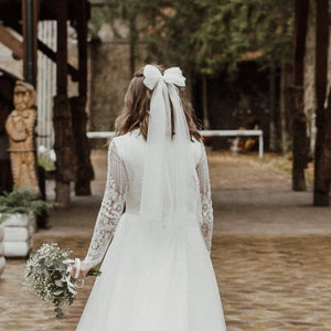 Fashion bridal bow veil, white hair bow, tulle long bow, airy wedding bow, ivory veil, veil with bow, bridal separates, bride accessories
