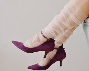 Fashion Mesh color Socks, Sexy trendy socks, Bridal transparent socks, Sheer mesh socks, White classic tulle socks with embroidery phrases