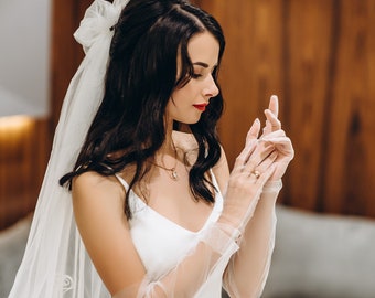 Bridal Hair Bow Veil: Embroidered Tulle Wedding Accessory - Etsy display picture 2