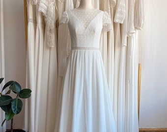 Bespoke simple modest closed back wedding dress, bohemian chiffon gown, rustic / vintage bridal gown with short sleeve, custom wedding dress