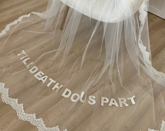 Personalized veil, Wedding veil with embroidered phrases, words, letters, initials, Cathedral bespoke veil. Lace edged embroidery veil