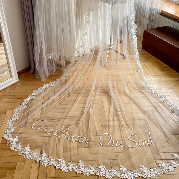 Custom wedding veil with lace edged. Personalized embroidered words, letters, initials, Cathedral blusher veil, long color tulle veil.