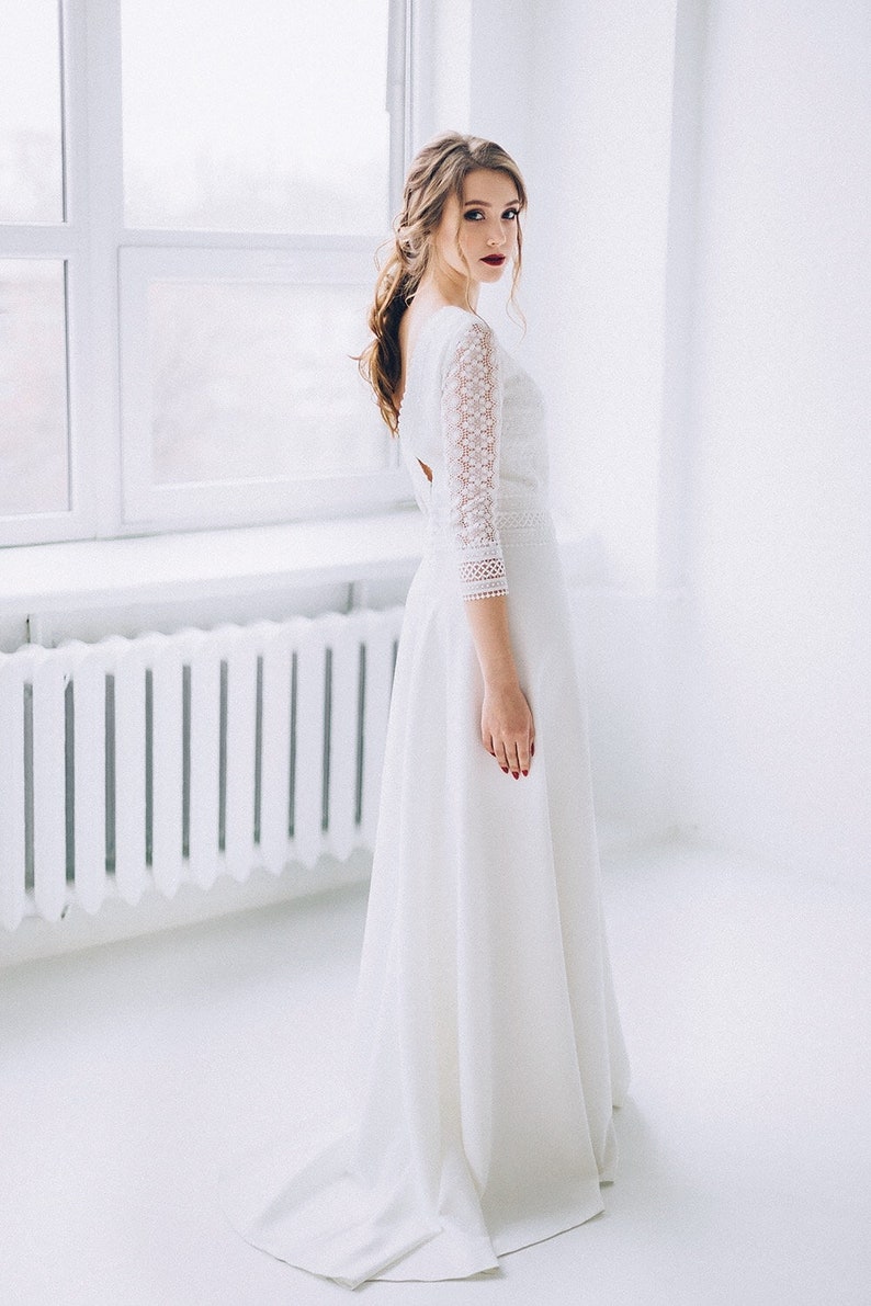 Simple bohemian macrame Wedding dress, deep V-neck back whimsical bridal gown, modest minimalist A-line skirt, for elopement rustic day image 5