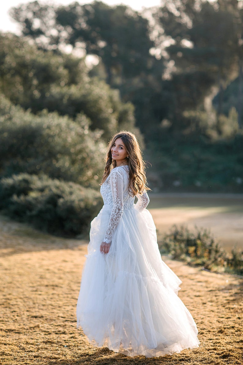 Elopement Long Sleeve Lace Wedding Dress Unique Closed Etsy
