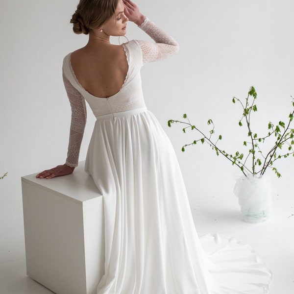 Boho Brautkleid mit offenem Rücken, bescheidene Spitze, lange Ärmel, einfacher U-Boot-Ausschnitt, romantischer Rock in A-Linie, rustikales Brautkleid, Elopement Day