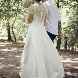 Modest rustic wedding dress, unique macrame, closed buttoned back, short sleeve, minimalist skirt, for simple bohemian wedding