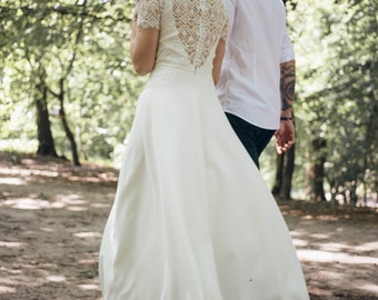Modest rustic wedding dress, unique macrame, closed buttoned back, short sleeve, minimalist skirt, for simple bohemian wedding