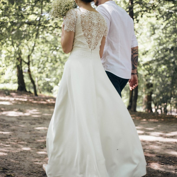Modest rustic wedding dress, unique macrame, closed buttoned back, short sleeve, minimalist skirt, for simple bohemian wedding