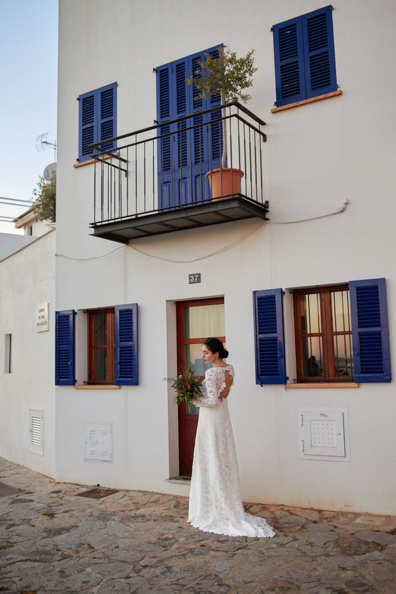 Bohemian minimalistic wedding dress, open back gown, long sleeve, boat neckline bridal dress, modest, simple macrame, rustic elopement gown image 9