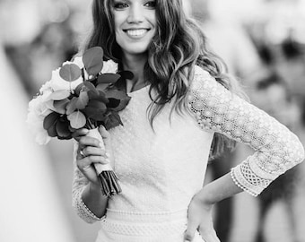 Modest wedding dress deep V neck open back, boat neckline Natural Beauty, casual macrame gown for bohemian, rustic wedding