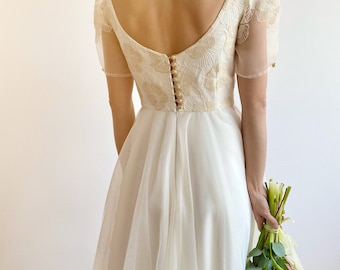 Open back romantic wedding dress, fairy ivory lace, short ethereal sleeve, unique button back, tulle princess skirt, elopement spring