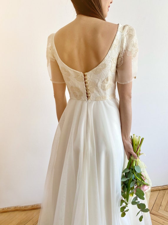 Ivory Lace Wedding Dress: Open Back, Ethereal Sleeves, Tulle Skirt Sunny Hug