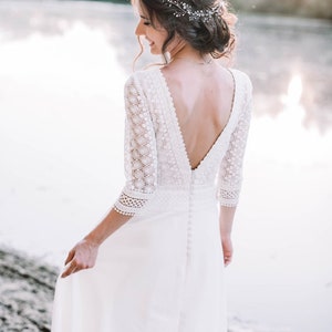 Modest and simple wedding dress boat neckline, macrame open back bridal gown Natural Beauty for whimsical boho or rustic wedding