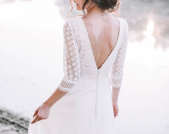 Modest and simple wedding dress boat neckline, macrame open back bridal gown Natural Beauty for whimsical boho or rustic wedding