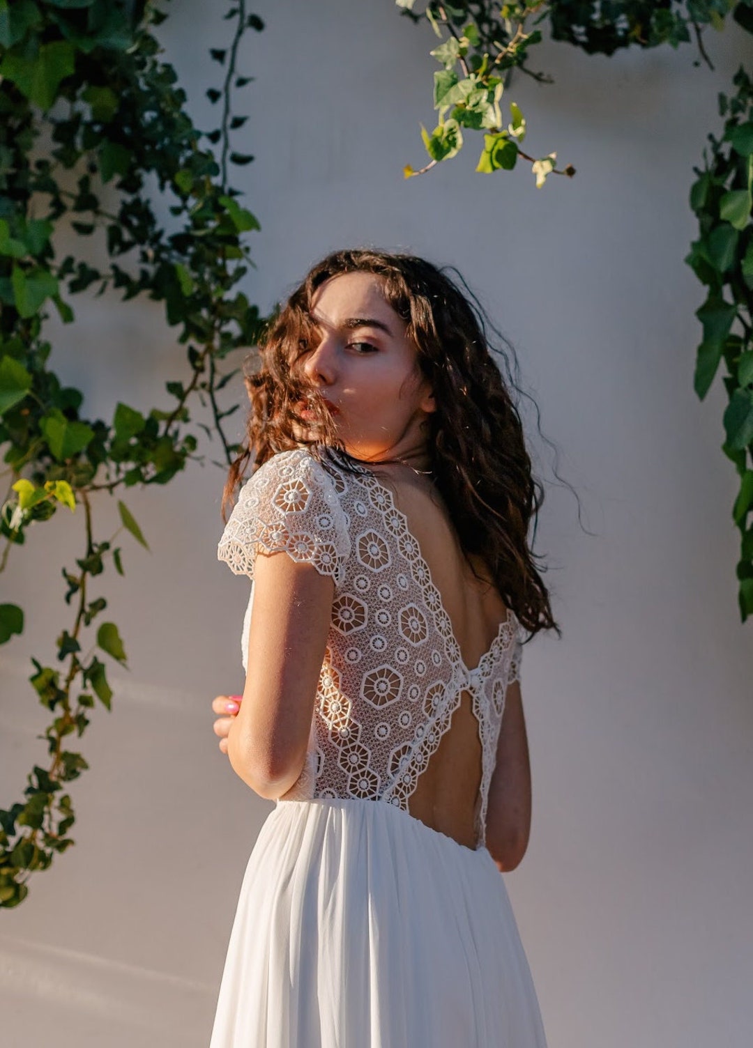 Bespoke Bohemian Lace Open Back Wedding Dress: Short Sleeve