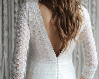 Macrame Wedding Dress: Bohemian Deep V-Neck Lace Bridal Gown Natural Beauty