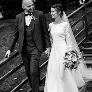 Bohemian simple wedding dress macrame, deep V open buttoned back, original 3/4 long sleeve, minimalist boat neckline, rustic modest bride image 1