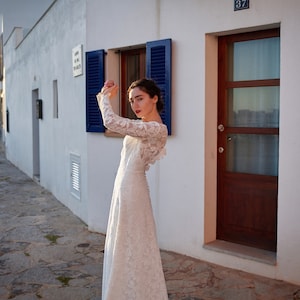Bohemian minimalistic wedding dress, open back gown, long sleeve, boat neckline bridal dress, modest, simple macrame, rustic elopement gown image 6