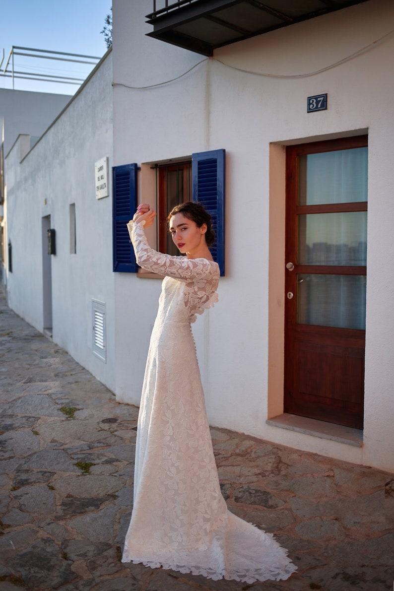 Bohemian minimalistic wedding dress, open back gown, long sleeve, boat neckline bridal dress, modest, simple macrame, rustic elopement gown image 6