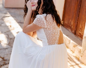 Simple bohemian wedding dress, casual short sleeve, modest V neck, original open back, whimsical romantic skirt, rustic gown