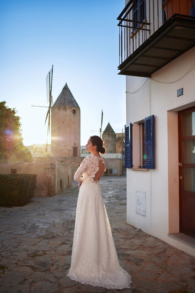 Bohemian minimalistic wedding dress, open back gown, long sleeve, boat neckline bridal dress, modest, simple macrame, rustic elopement gown image 1