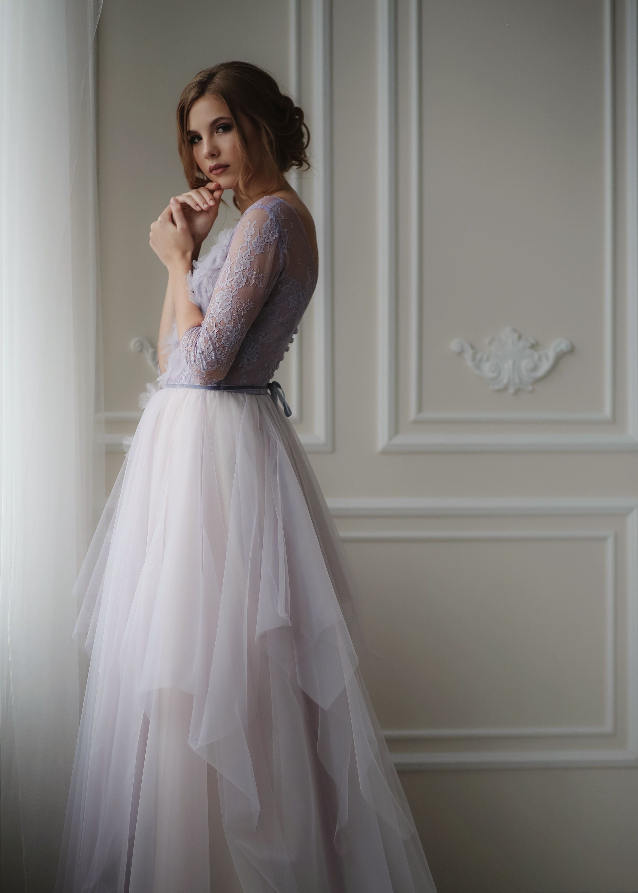 Purple lace wedding dress bohemian bride open back romantic | Etsy