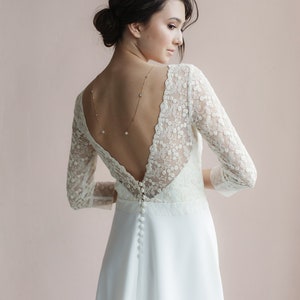 Simple lace wedding dress Vanilla Sky, deep v-neck back, color wedding gown with long sleeve, bohemian style