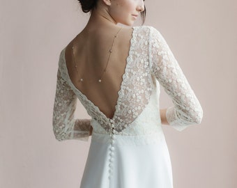 Simple lace wedding dress Vanilla Sky, deep v-neck back, color wedding gown with long sleeve, bohemian style