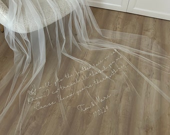 Cathedral blushers embroidered wedding veil with phrases, words, initials, Ribbon or lace edges, Custom soft tulle veil, Royal bridal veil