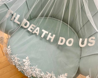 Bespoke lace veil embroidered phrases, initials, ribbon or pearls edged veil, Blusher "Till Death Do Us Part'', ivory / white tulle veil