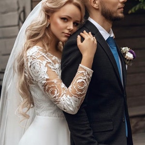 Open back lace wedding dress, V neckline, long sleeve, unique boho style, modest and simple gown for classic, winter, minimalist wedding image 4