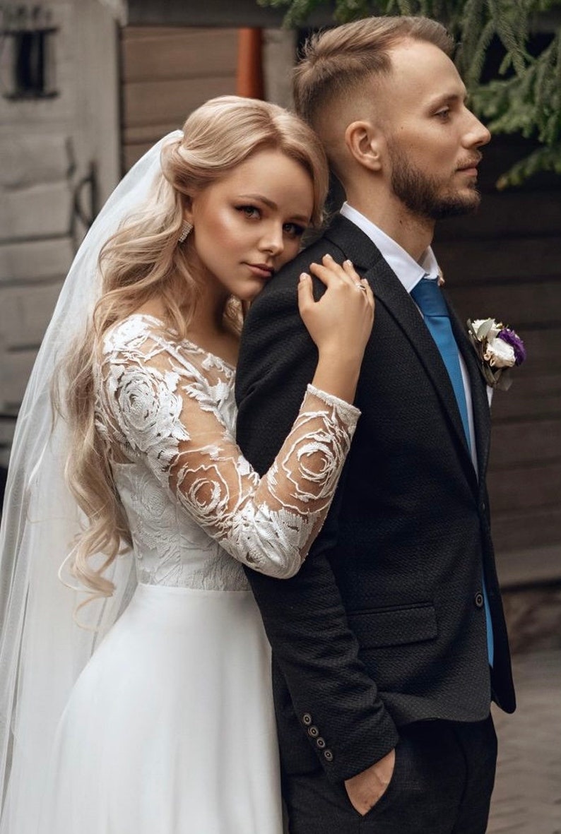 Open back lace wedding dress, V neckline, long sleeve, unique boho style, modest and simple gown for classic, winter, minimalist wedding image 4