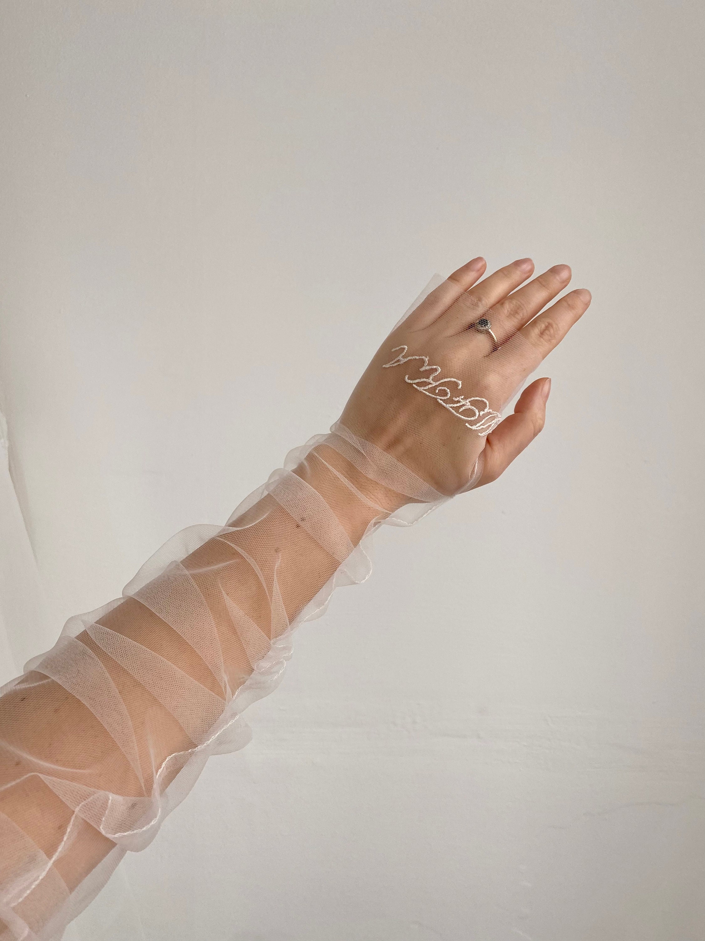 Guanti In Tulle Bianchi Senza Dita - Con Perle Per Matrimoni E Feste, Lunghi Fino Al Gomito - Foto 7
