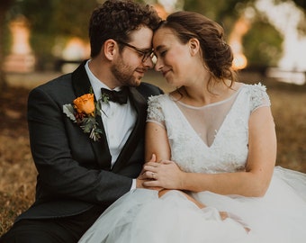 Romantic closed back wedding dress, simple classic bridal gown, embroidered top, sleeveless, lush tulle princess skirt, Bespoke dress