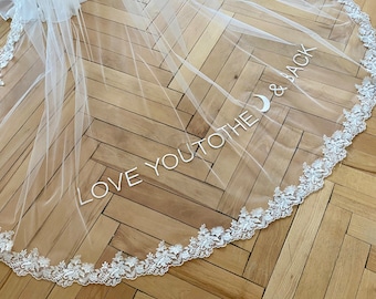 Bespoke wedding veil with embroidered phrases, words, pictures, chapel lace, ribbon edged, pearl veil personalized, Cathedral blusher veil